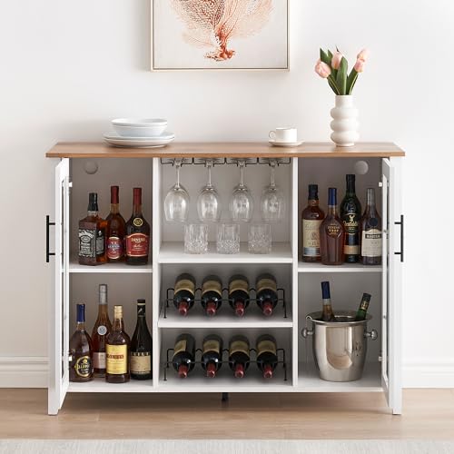 Image of Farmhouse Wine Bar Cabinet with LED Light, Wood Storage Cabinet with Glass Doors, Adjustable Shelves, Wine & Coffee Station for Dining Room, Living Room, Home Bar,White