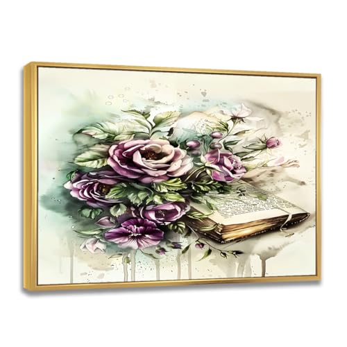 Vintage Book with Purple Roses Floral Canvas Wall Art Storybook Library Decor Large Canvas Printing for Living Room Bedroom Study Reading Nook Entryway Hallway Office Ready to Hang(16"X24"Gold-Frame)