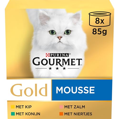 Gourmet Gold Mousse Katzenfutter, Nassfutter mit Huhn, Lachs, Nieren und Kaninchen - 8x85g - 6er Box (48 Dosen; 4,08kg)