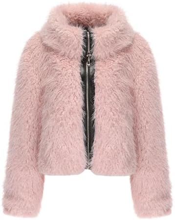 Women's Short Faux Fur Jacket With Big Lapel Collar, Winter Warm Fluffy Zip Up Cardigan Style Coat With Pockets