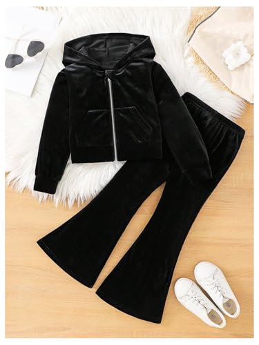 WDIRARA Girl's Rhinestone Velvet 2 Piece Pants Outfits Zip Up Hoodie Flare Pants Set Sweatsuit Black 5Y