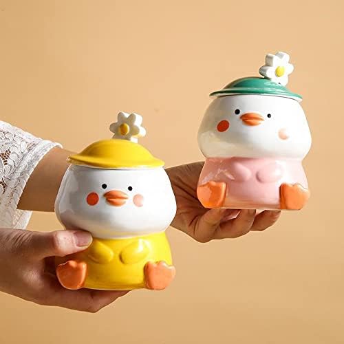 Funny Yellow Duck Cup Cute Mug Ceramic Coffee Mug with Spoon Kawaii Milk Tea Mug with Lid 3D Animal Mug for Women Children Girlfriend Gift