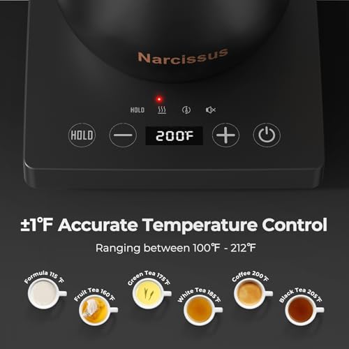 Image of Narcissus P901 Gooseneck Electric Kettle with ±1℉ Temperature Control Function, 1200 Watt Rapid Boiling in 5 Mins, Max 6 Hours Keeping Warm, 304 Stainless Steel Interior, BPA Free, Black