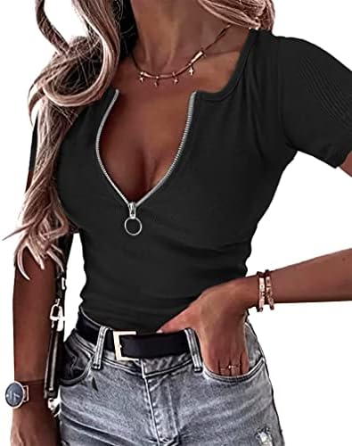 OwnTime Womens Summer Tops Short Sleeve Shirts Sexy V Neck Slim Fit Zip Up Tops Ribbed Knit Henley Shirts Blouses