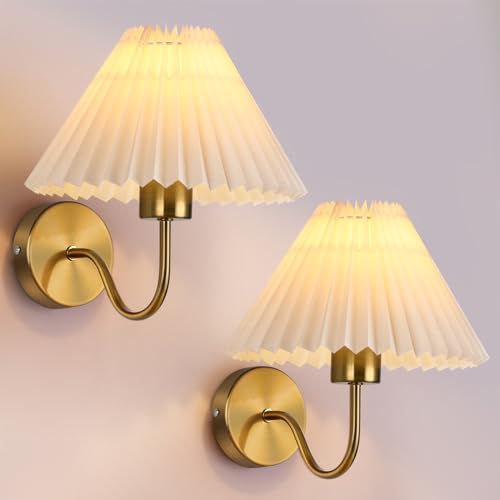 Image of Gold Wall Sconces Sets of 2, Indoor Wall Light Fixtures with Fabric Lampshade, Pleated Fabric Wall Lamp Dresser Hardwired Lamp Wall Lighting Fixture for Bedroom Living Room Porch Dining Room