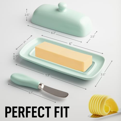 Image of Zulay Butter Dish With Lid For Countertop - Porcelain Mint, Ceramic Butter Dish with Knob Handle Great for Cooking - Elegant Design Butter Holder - Durable & Sturdy Butter Keeper - Mint