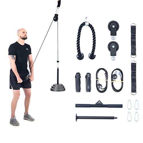 ZELUS 15pc Cable Machine Set with Pulley, Tricep Rope, Handles, Bar, Loading Pin, Strap, and Links | Lat Pulley System for Home Strength Training | Cable Workout Equipment for Home Gym, 220lb Capacity