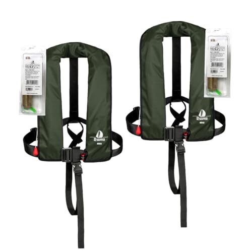 12skipper 2er-Set Automatik-Rettungswesten 165N ISO UML mit Harness, inkl. 2 Wartungskits, Olive