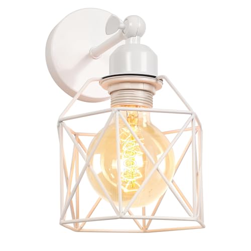 Apliques de Pared Interior Industrial Lámpara Pared Vintage Blanca Jaula de Hierro Ø16cm Ajustable 180° Lámpara de Techo para Pasillo Escalera Dormitorio