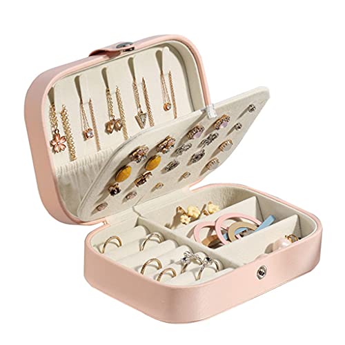 TMIL 2-Lagiges Design Tragbare Schmuckschatulle, PU-Leder Wasserdichter Kleiner Reise-Schmuck-Organizer Mit Druckknopf Für Ringe Halskettenzubehör Frauen Mädchen,Rosa Cover