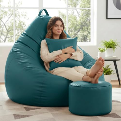 Image of KAM'S LIEU 6XL Jumbo Premium Bean Bag Chair with Footrest & Cushion | Filled with High Density EPS Beans | Comfortable Sofa for Living Room & Bedroom | 6 Months Warranty, Color- (Teal, 6XL, Premium)