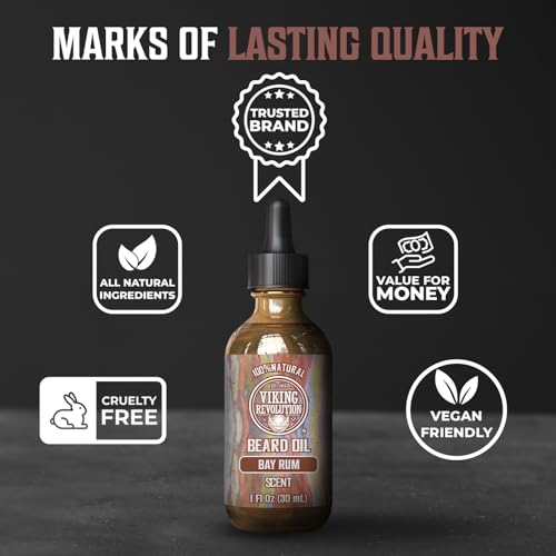 Viking Revolution Bay Rum Beard Oil for Men - Natural Softener and Conditioner with Argan & Jojoba Oils for Strengthening and Moisturizing