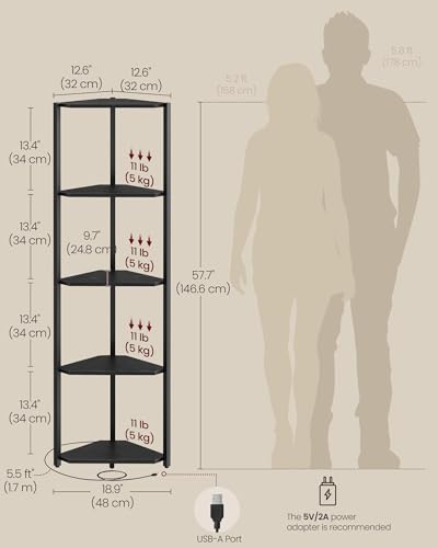 Image of VASAGLE Corner Shelf Stand with LED Lights, 5-Tier Bookshelf, Steel | Corner bookshelf storage shelf, 9.8 x 18.9 x 57.7 Inches, Ebony Black, for Living Room, Bedroom, Study, ULBC590B01