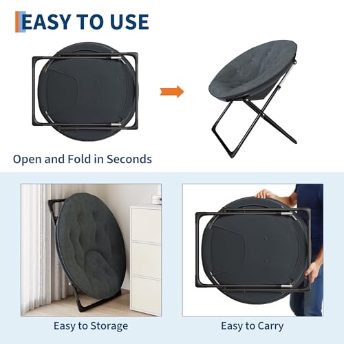 Saucer Chair with Faux Fur Cover - Foldable Moon Chair for Teens & Adults, Large Circle Seat Perfect for Bedroom, Living Room & Playroom, Soft Gaming Chair for Compact Spaces, Gray