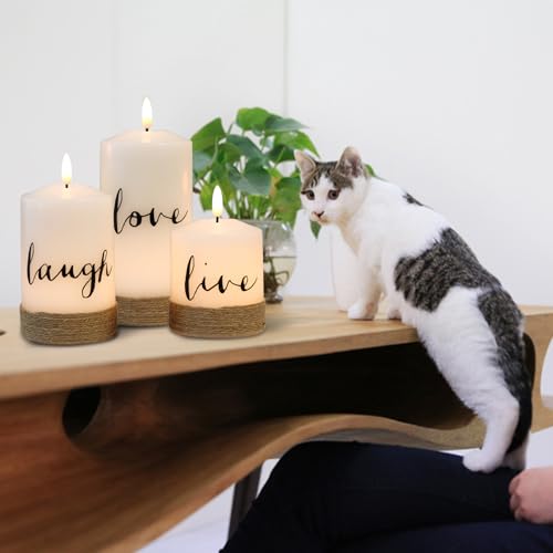 Image of Battery Operated Flameless Flickering Candles with Remote Timer, LED Real Wax Pillar Candlesticks with Realistic 3D Wick, Set of 3 Live Laugh Love Home Decor(D3xH4 5 inch 6 inch)