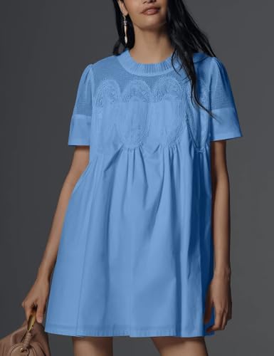 Image of Shiyifa Womens Babydoll Lace Patchwork Dresses Summer Short Sleeve Ruffle Sundress Loose Crew Neck A-Line Dresses