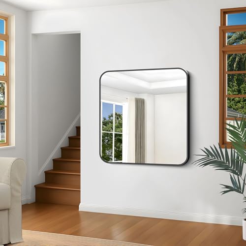 Image of Black Bathroom Mirror, 38x40 inch Aluminum Metal Frame Rectangular Vanity Mirror, Large Wall Mounted Rectangle Mirrors with Rounded Corner for Over Sink Bedroom Living Room Horizontal /Vertical