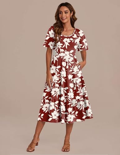Image of Zeagoo Women's Summer Dress Midi Floral Flutter Short Sleeve Casual Dresses with Pockets Tiered Flowy Boho Beach Dress