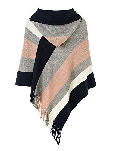 Ferand Women's Lightweight Striped Poncho Sweater Casual Summer Travel Shawl Wrap, Upgraded Hooded Style: Navy Blue & Pink, One Size(Best Fits S - L) #TOP1