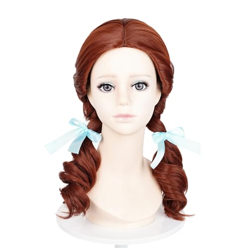 Probeauty Brown Braided Wig Long Reddish Cosplay Wig for Halloween Costume Dress Party with Blue Ribbon 17.7 Inch (Small Size)