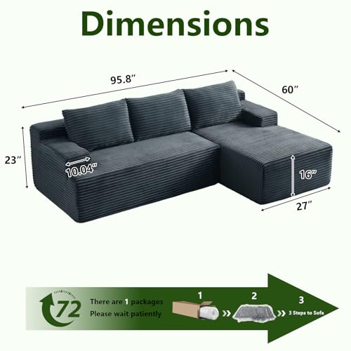 Image of 96 inch Modular Sectional Sofa, Modern Corduroy Cloud Couch, Boneless Couch Upholstered 3-Seater L-Shaped Sofa for Living Room, No Assembly Required (Dark Grey, Right-Facing Chaise)