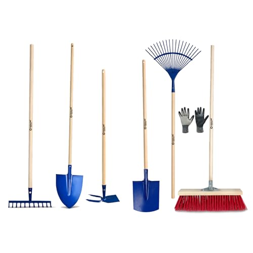 Crisalide® Set Completo Da Giardinaggio 7 Pezzi – Scopa Industriale, Guanti, Rastrello Foglie, Vanghetta, Zappino, Rastrello 12 Denti, Badile a Punta | Attrezzi Resistenti per Orto, Giardino