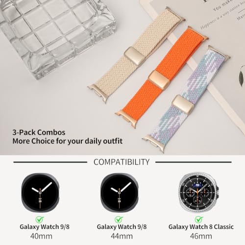 Image of 3 Pack Magnetic Braided Band for Samsung Galaxy Watch 9 8 40mm 44mm, Galaxy Watch8 Classic 46mm, One Click No Gap Elastic Stretchy Nylon Fabric Sport Strap for Women Men (Star Light /Violet /Orange)