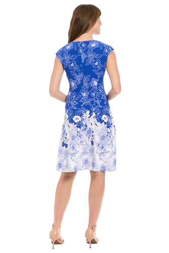 Image of London Times Women's Women's Fit and Flare Knee Length Cap Sleeve Round Neck - Border Print Special Occasion Cocktail Dress