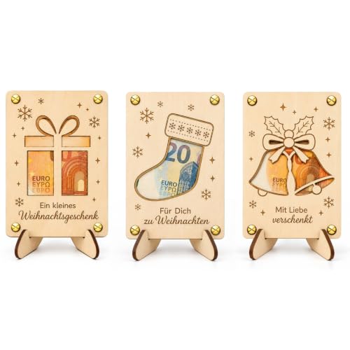 3 unidades de regalo de dinero de Navidad de madera, soporte para dinero de 7 x 10 cm con 3 soportes de madera, regalos de dinero de Navidad para familia y amigos, regalo de Navidad con diseño de