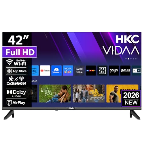 HKC H42Q1LF-V Smart TV 42 Zoll (107cm) FHD LED Fernseher mit WLAN, Triple Tuner (DVB-T/T2, DVB-C, DVB-S/S2), AirPlay, App Store, HDMI, USB, CI/CI+, Netflix, YouTube und mehr