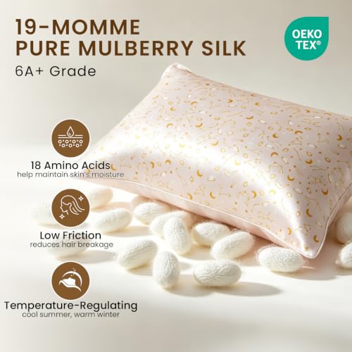 Image of THXSILK Set of 2 Natural Mulberry Silk Pillowcase for Hair and Skin, Grade 6A+ Mulberry Silk, Durable, Soft and Breathable Silk Pillow Case (King 20 inchx36 inch, Peachy Beige Constellation Pattern)