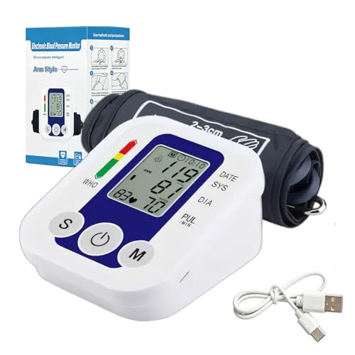 Tensiometro de brazo digital aparato tension arterial pantalla LCD,medición automática de la presión arterial y el pulso en el brazo con detección arritmias memoria de 2x99 para uso doméstico (Azul)