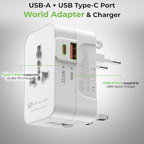 Image of UltraProlink International All in One Universal Travel Adapter|20W Charger|USB-A + Type C Port|PD3.0 Support|1500W|for Mobile,Tablets,Cameras|UM1341|Travel Mate|White