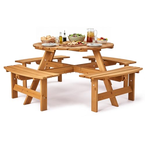 Image of VINGLI 8 Seater Wooden Picnic Bench Table, Round, Golden Brown