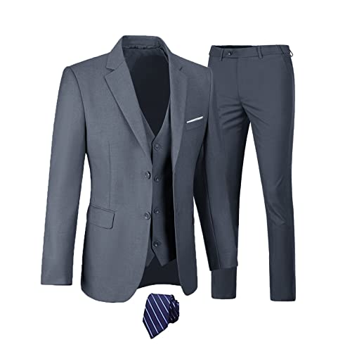 Furuyal Herren Anzüge 3-teiliges Slim Fit Anzug-Set, Zwei Knöpfe, Hochzeit, Business, Smoking, solide Blazer, Jacke, Weste, Hose mit Krawatte, Dunkel_Grau, XL