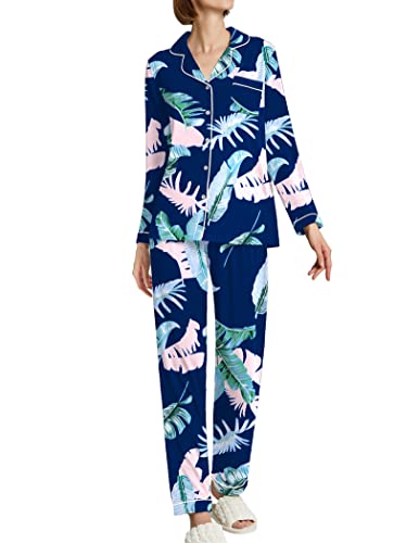 Ekouaer Womens Pajamas Set Long Sleeve Sleepwear Cozy Button Down Sleepwear Pjs Set,Medium,Blue Leaves #TOP8
