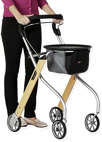 Stander Let’s Go Indoor Rollator, Lightweight Four Wheel Euro Style Walker with Tray, Folding Mobility Aid for Seniors by Trust Care, Beech