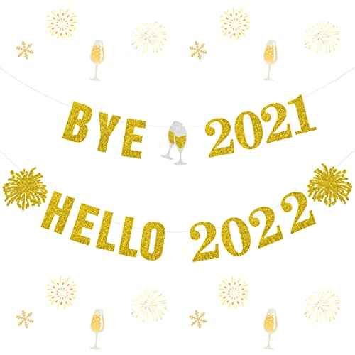 Au revoir 2021 Hello 2022 Banner, Happy New Year Decorations 2022, Fireworks and Champagne Glass Signs Banner for 2022 Happy New Years Eve Party Christmas Graduation Party Cover