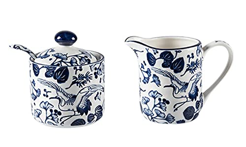 RockTrend Blue White Ceramic Creamer and Sugar Bowl Set with Lid, Coffee Serving Set