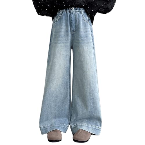 Girl's Bow Print Baggy Jeans Elastic Waist Pull On Denim Pants Straight Wide Leg Jeans for Teen Girls 6-12 Years