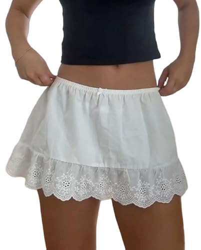 Aonoapll Women Y2k Lace Trim Mini Skirt Floral Eyelet Embroidery Half Slip Underskirts Cute Low Rise Summer Skater Skirt