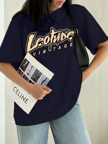 Image of LEOTUDE Women's Oversized Round Neck Half Sleeve Cotton Blend Graphic Printed T-Shirt | Top for Women & Girls (Color: Blue)