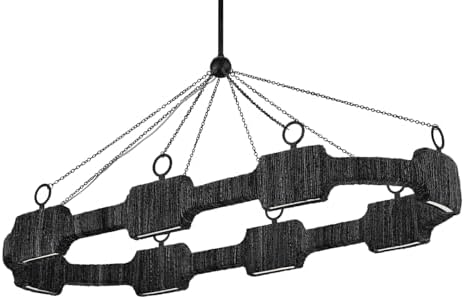 Hinkley Raffi Large LED Linear Chandelier, Bohemian, Lisa McDennon, Hand-Wrapped Natural Rattan, Carbon Black Finish