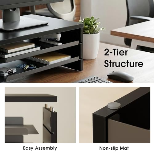 Image of Fenge Monitor Stand, 3-Tier Monitor Riser with Slide-Out Tray, Wooden and Metal Desktop Organizer for Home Office, Computer, Laptop, Printer, Telephone