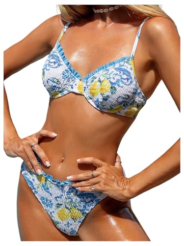 WDIRARA Women's Fruit Print 2 Piece Bikini Set Frill Trim