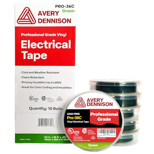 Image of Avery Dennison Electrical Tape, 10 Rolls Professional Grade PVC Electric Tape, UL /CSA Listed in x 66 ft Insulating Vinyl Tape for Electrical, Repairs, Automotive and Equipment, Pro-36C, Green