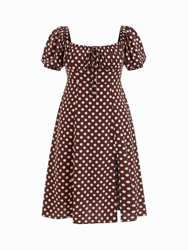 Image of CIDER Women's Plus Size Dress Floral Fruit Square Neck Puff Sleeve Split Sun Dress Summer Midi Dresses Vacation Outfits, Brown, 4X
