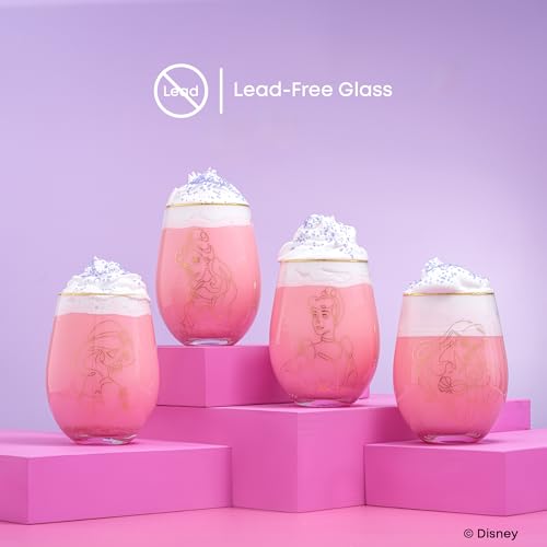 Image of JoyJolt Disney Princess Sketch Stemless Drinking Glasses, 19oz Glass Cups ft Princess Jasmine Ariel Belle Cinderella, Disney Princess Kitchen Glassware Set of 4, Disney Gifts for Adults