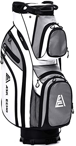 Ask Echo Premium Golf Cart Bag With 14 Way Full Length Dividers Plus External Putter Tube, 13 Pockets, 15 Way Top, With Rain Cover, White #TOP6