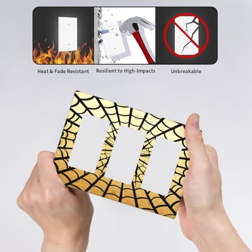 Decorative Outlet Covers Black Spider Spiderweb on Golden Background 3 Gang Outlet Cover Wall Plate Triple Rocker Light Switch Cover Plate Switch Plate Covers for Bedroom Decor